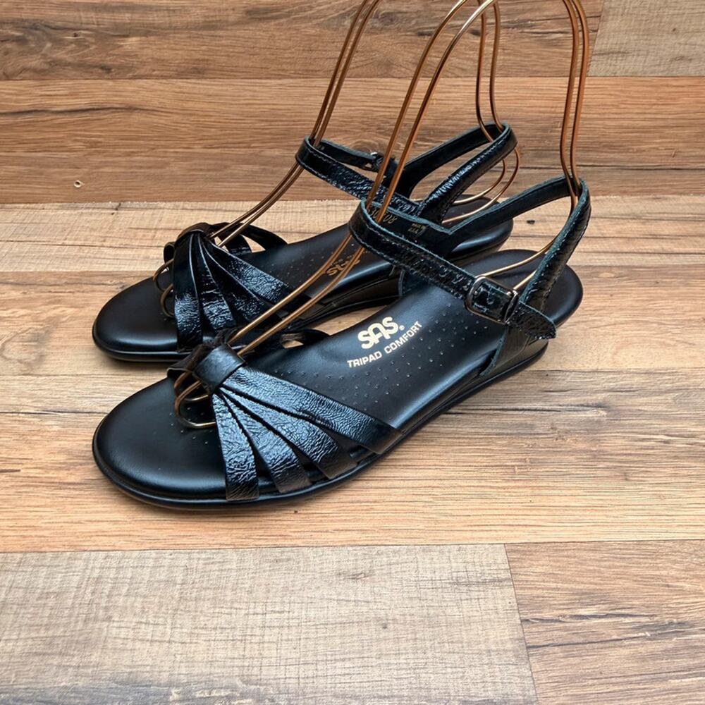SAS Strippy Black size 7 Patent Leather Strappy Dress Sandal Wedge